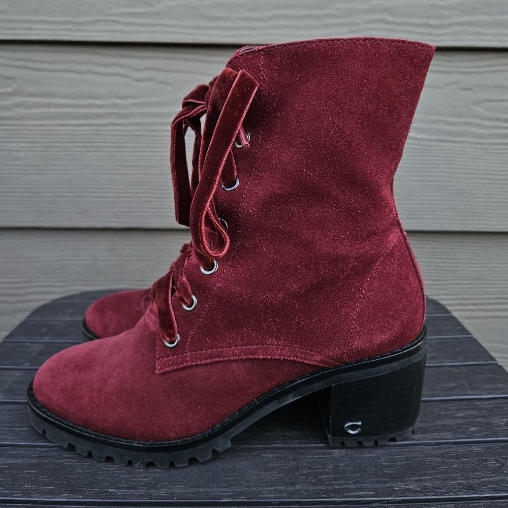 Coach Jadyn Suede Lace Up Combat Boots Satin Laces Wine Red Punk Goth Size 6 B - Picture 7 of 16